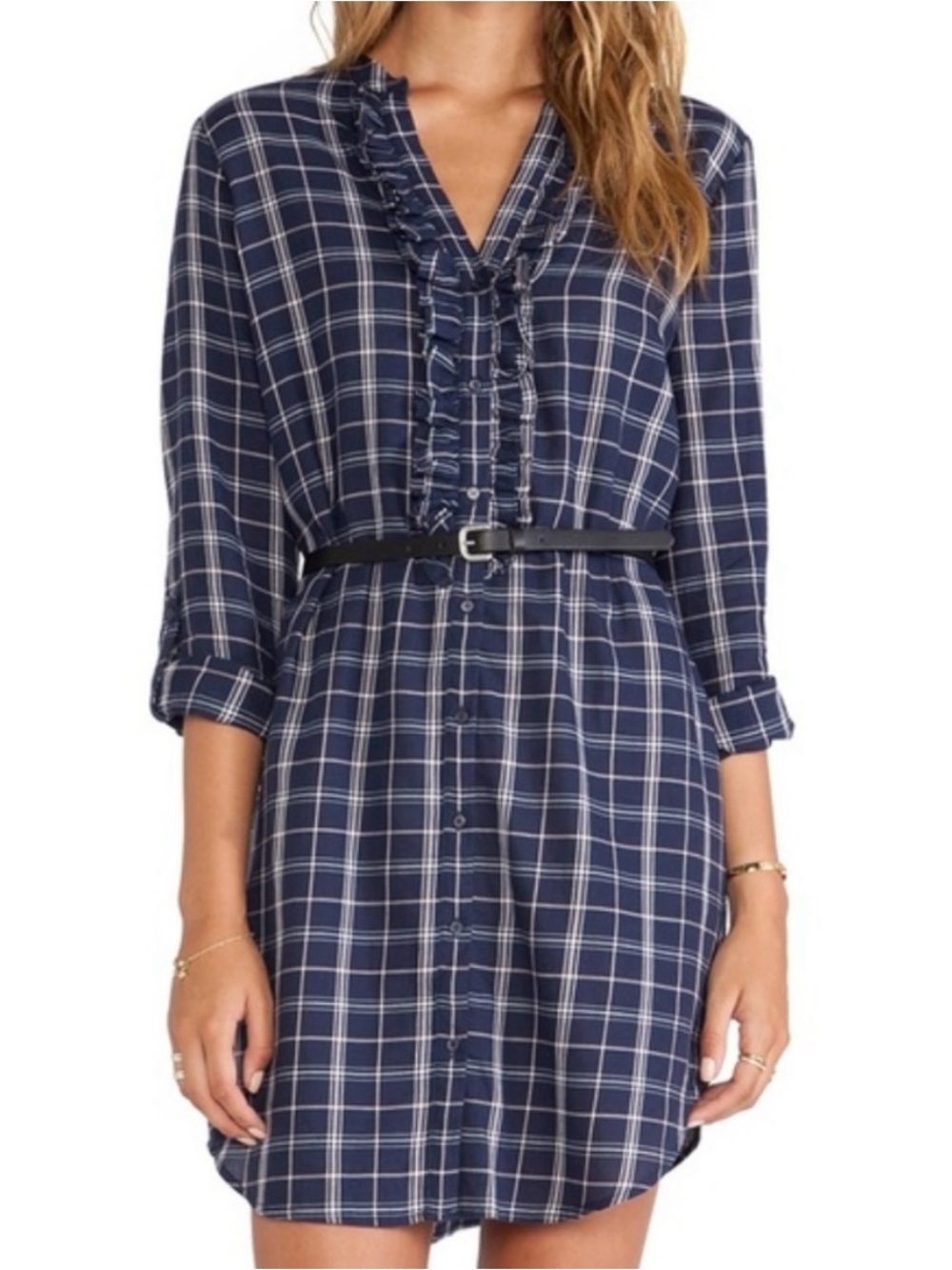 Joie Jessalyn navy blue ruffle plaid shirt dress medium